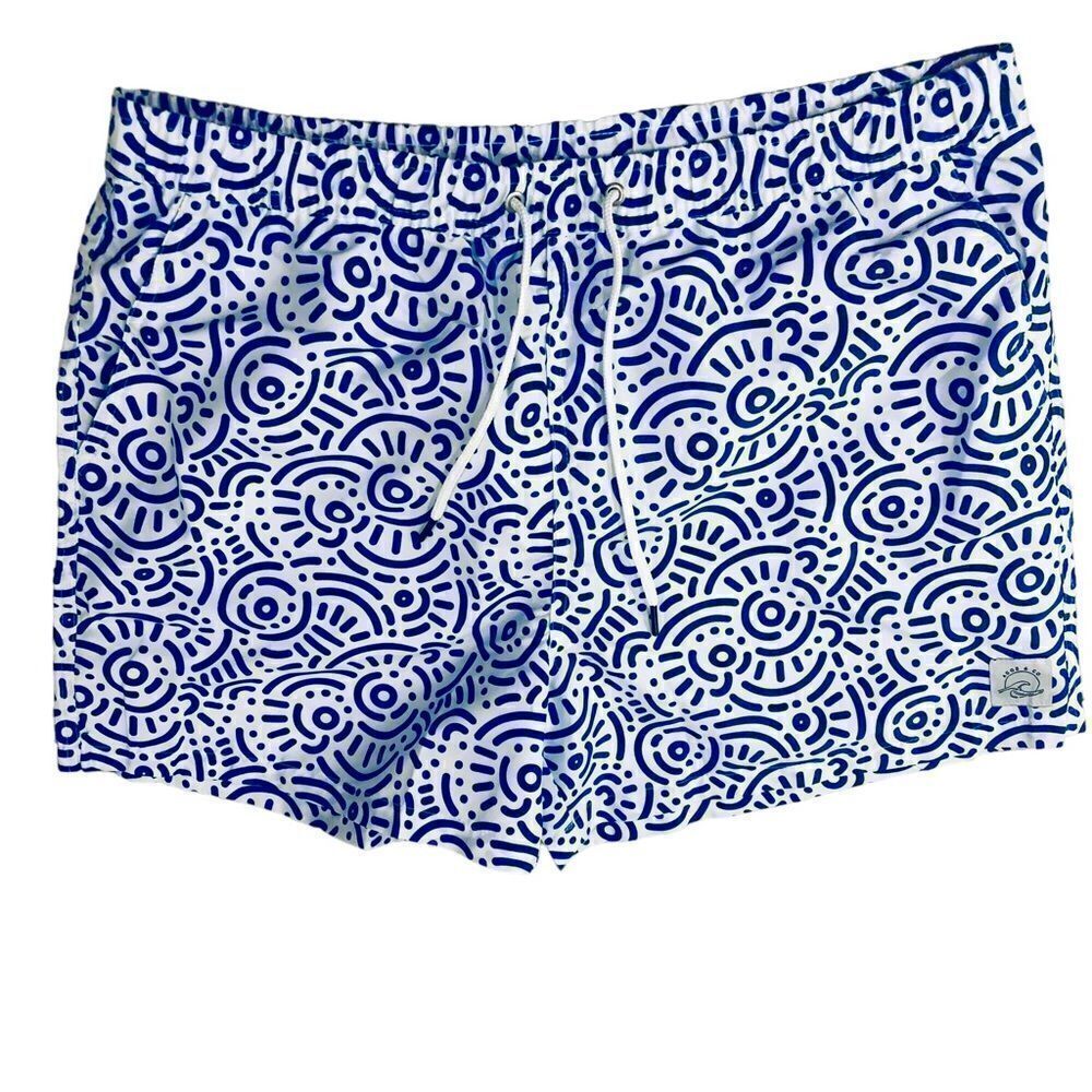 NEW Agos & Co Blue White Geometric Print  Drawstring Men’s Swim Trunks Sz 2XL